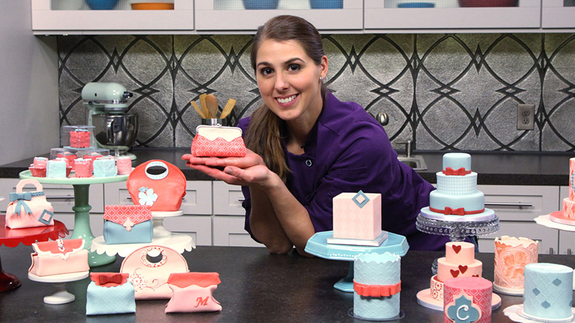 Woman with mini cake purses