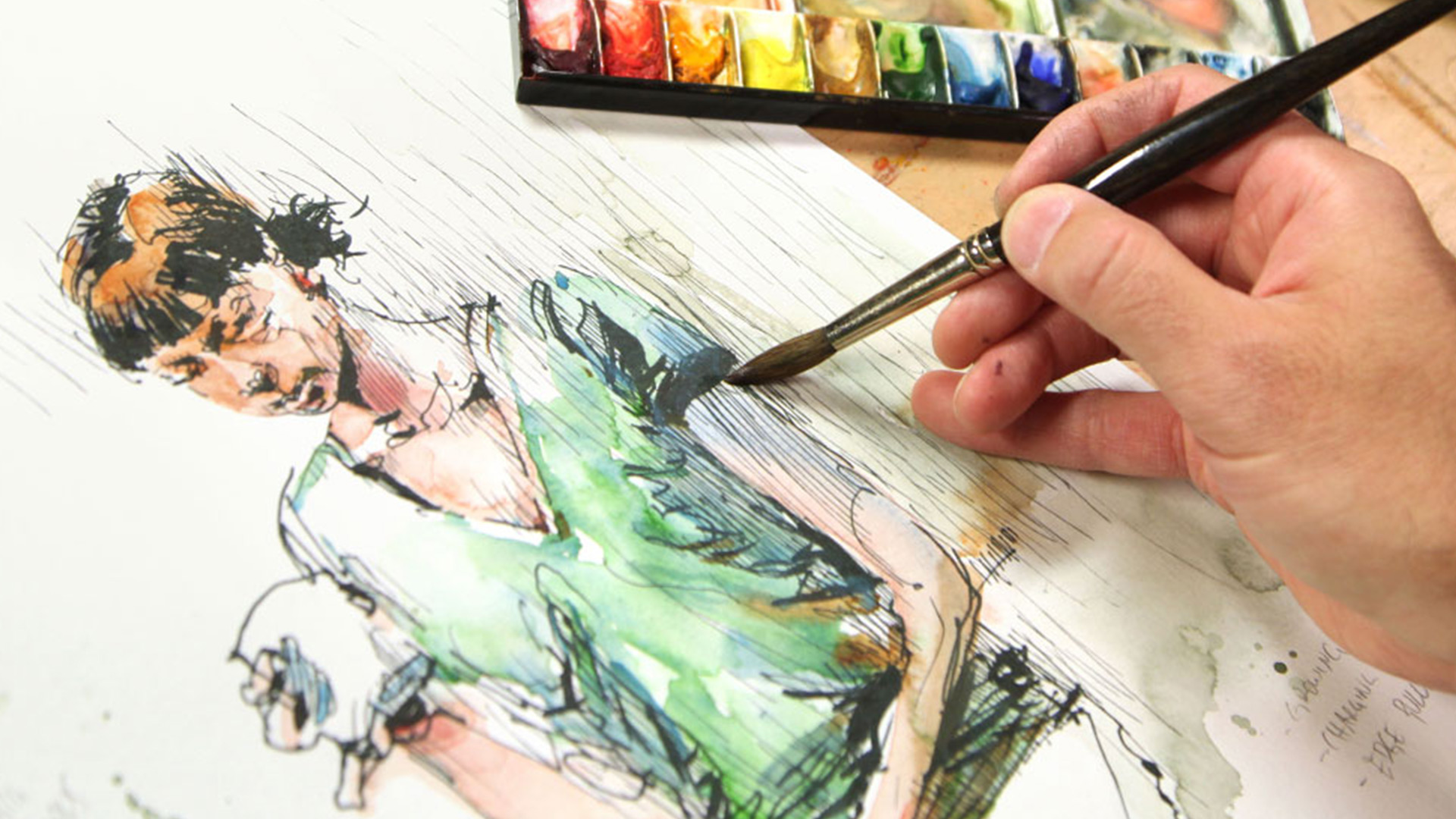 Person in motion sketch being painted with water color