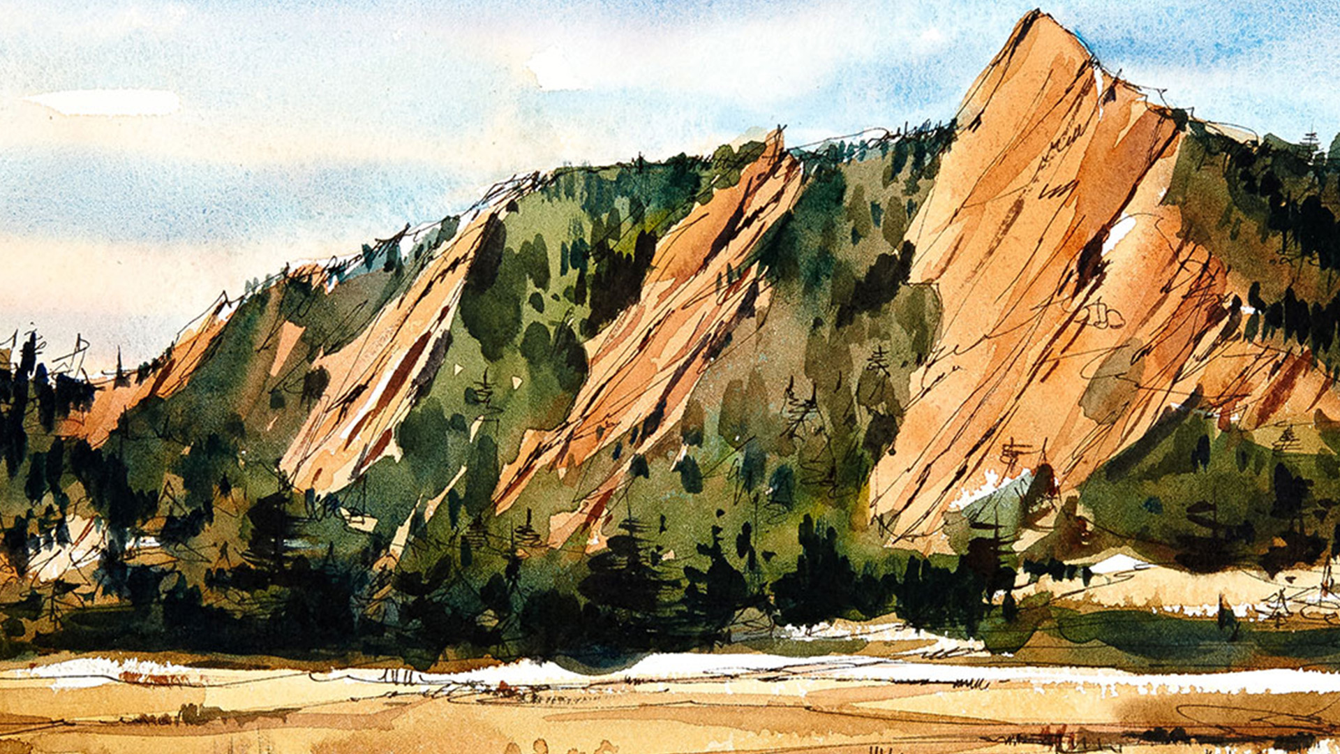 Sketched mountain landscape with water color