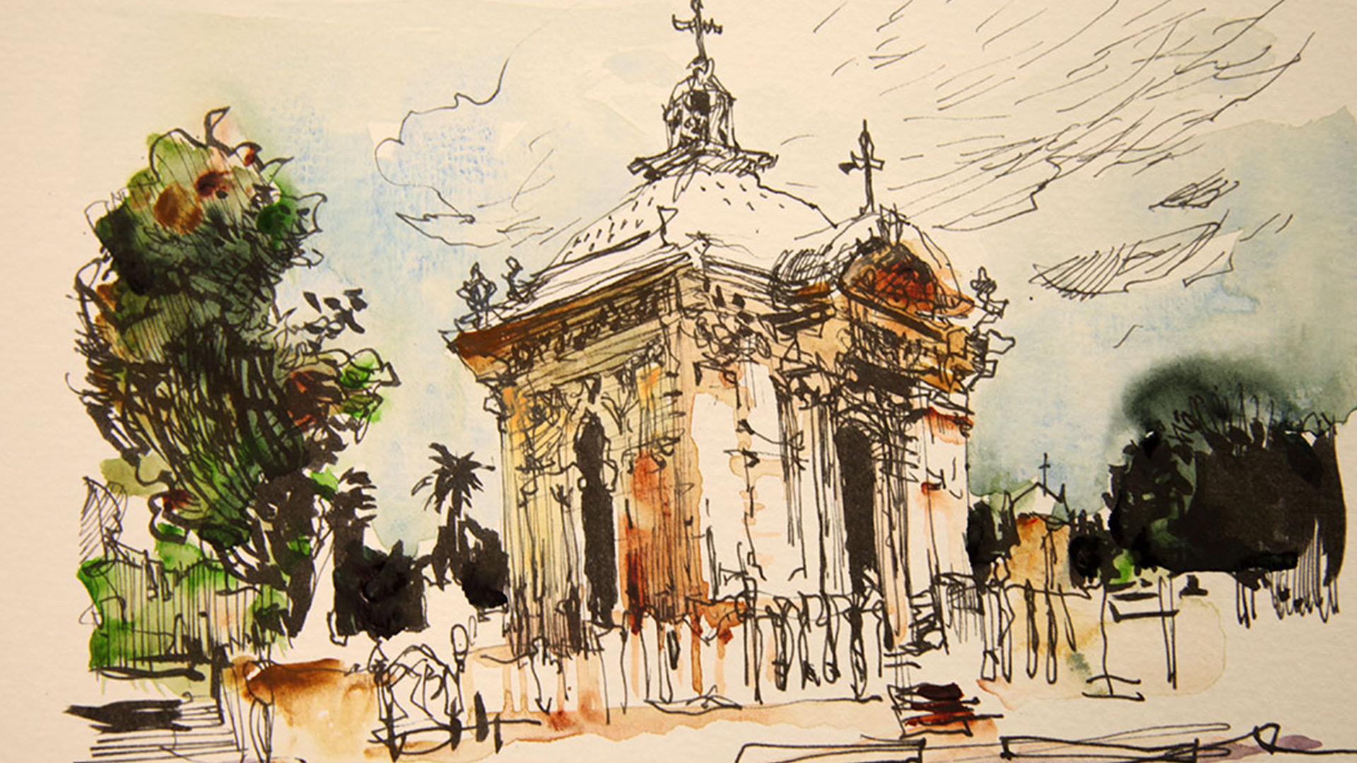 Sketched building painted with water colors