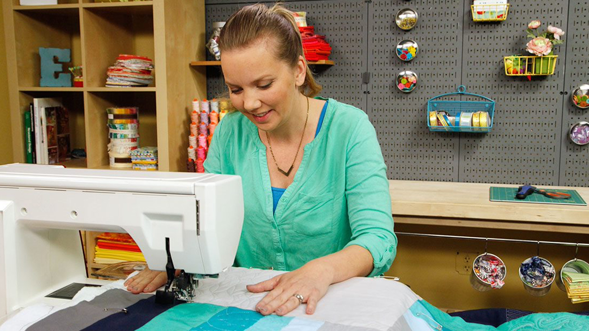 Woman machine quilting
