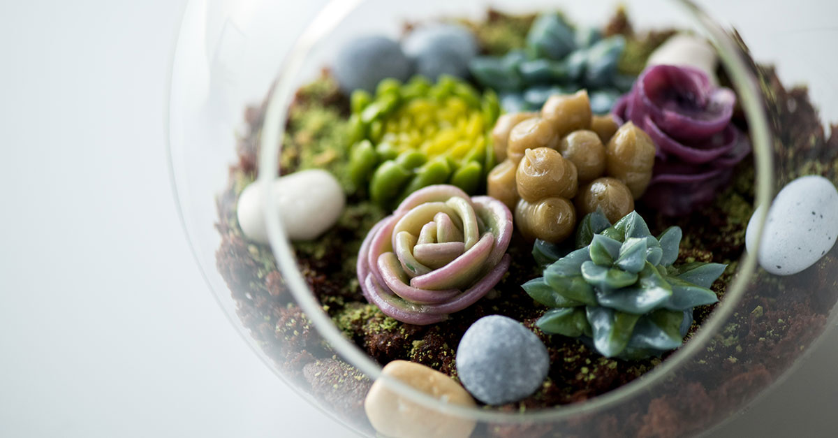 Buttercream succulents in a glass container