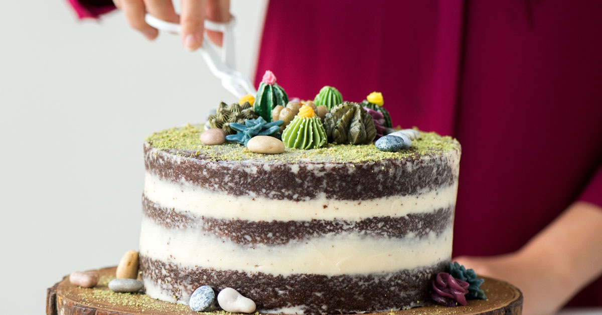 Unfrosted cake topped with buttercream succulents